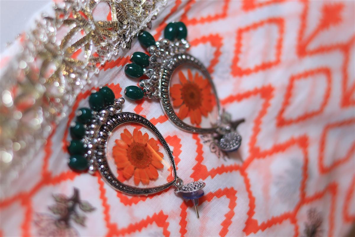 Pressed orange flower earrings